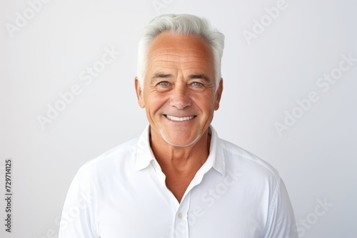 Portrait of smiling senior man looking at camera against grey background.