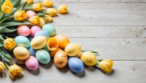 Top view photo of colorful hand painted Easter eggs and yellow tulips at left side on a light wooden background