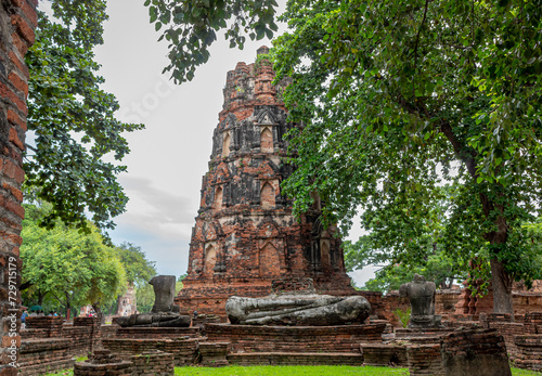 Red brick stone ruin Buddhist Thai temple pagoda and trees of Wat Maha That historical park in Ayutthaya Thailand