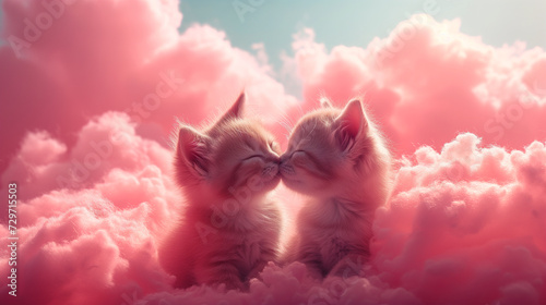 Cute cuddly kittens kiss In a fluffy pink cloud. Adorable and cuddle tiny baby cats. Tender love concept for valentines day cards. Lovable poster with kitty. Valentine romance idea, copy space photo