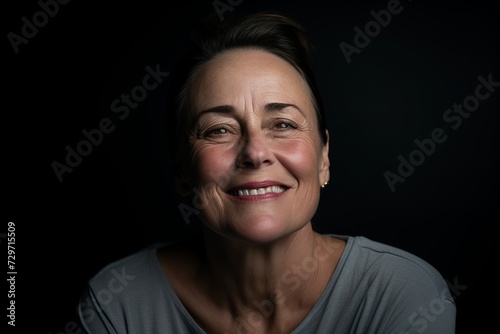 Portrait of a smiling senior woman on a dark background. Studio shot.