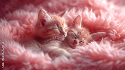Cute little furry cuddly kittens wrapped in soft fluffy fleece pink blanket. tender and cuddle sleeping tiny feline cats. Concept of tenderness, innocence and softness of pets. Lovable domestic kitty 