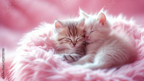 Cute little furry cuddly kittens wrapped in soft pink fluffy fleece blanket. tender and cuddle sleeping tiny feline cats. Concept of tenderness, innocence and softness of pets. Lovable domestic kitty 