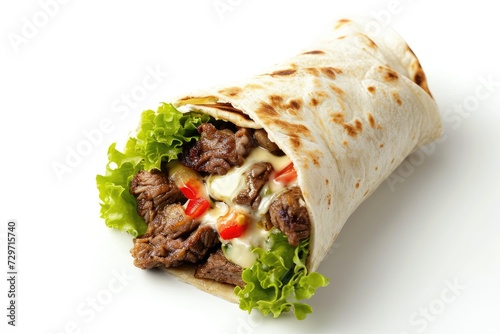 A Succulent Steak and Cheese Wrap Presented on a Plain Pastel Background, Perfectly Captured in This Appetizing Food Photography. Ample Copy Space for Culinary Enthusiasts