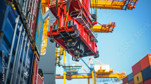 A closeup of a sophisticated gantry crane showcasing its intricate hydraulic arm and strong electromechanical grip on a container. photo