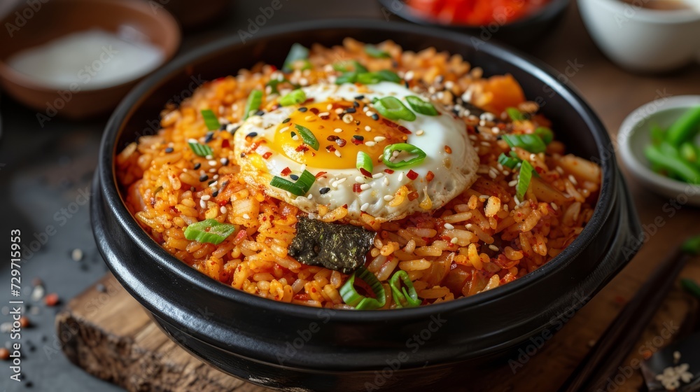 Korean Kimchi Fried Rice Also known as kimjib geumbap, it is served on a plate with smoke rising gently. Reminiscent of the aroma of freshly prepared deliciousness.