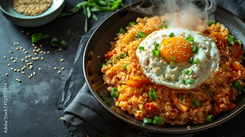 Korean Kimchi Fried Rice Also known as kimjib geumbap, it is served on a plate with smoke rising gently. Reminiscent of the aroma of freshly prepared deliciousness.