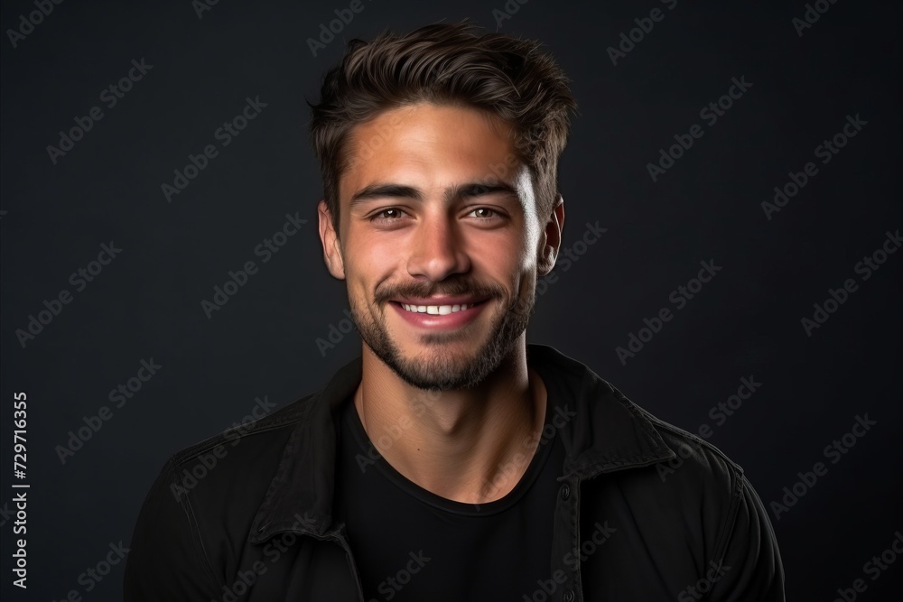 Portrait of a handsome young man smiling on black background in studio