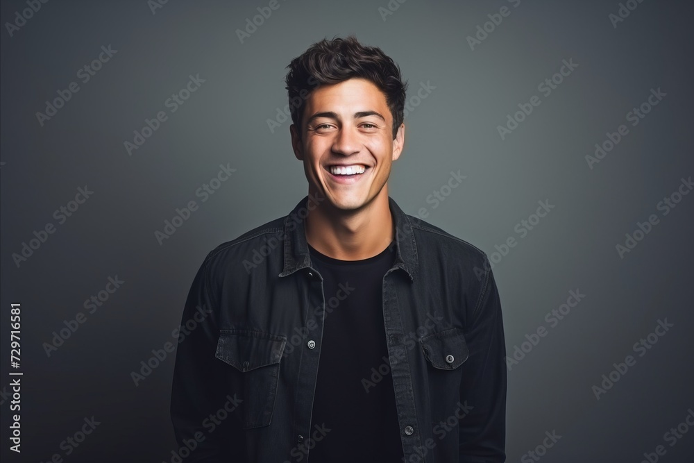 Handsome young man laughing and looking at camera over grey background.
