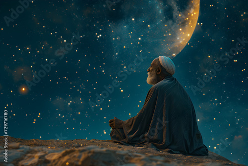An old Muslim man is praying on a starry night with a crescent moon. The image represents the concept of Ramadan. photo