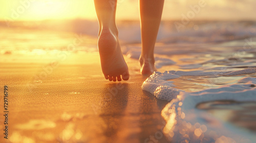 closeup of person walking on the beach at sunset