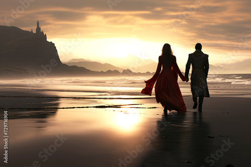 silhouette of a romantic couple walking together along the ocean coast. family relationships and friendship between a man and a woman © photosaint