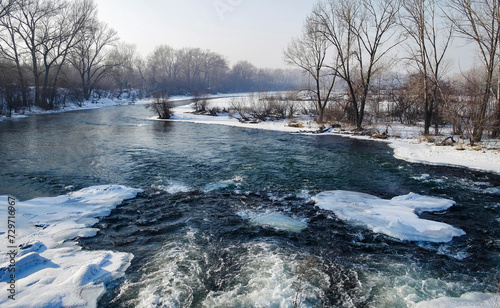 Irtysh river with trees on the banks. Channel of the Irtysh. Beautiful Nature. Ice and Snow. January. Winter photo