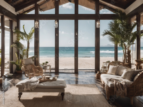 Beach house living room, Generative AI.
