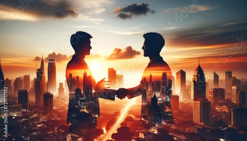 Double exposure image showing two businessman shaking hands, blended with a bustling city skyline at sunset.