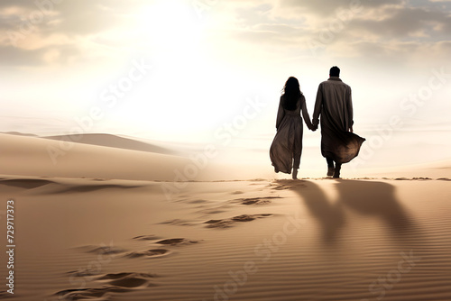 silhouette of a romantic couple walking along the desert sand. family relationships and friendship between a man and a woman