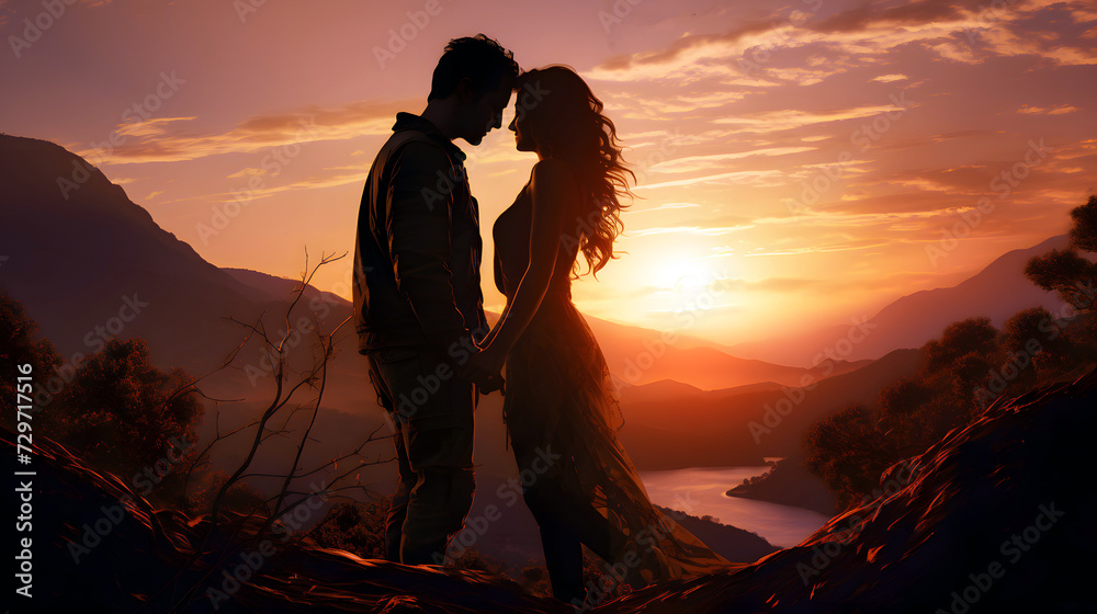 silhouette of a romantic couple in the mountains, family relationships and friendship between a man and a woman