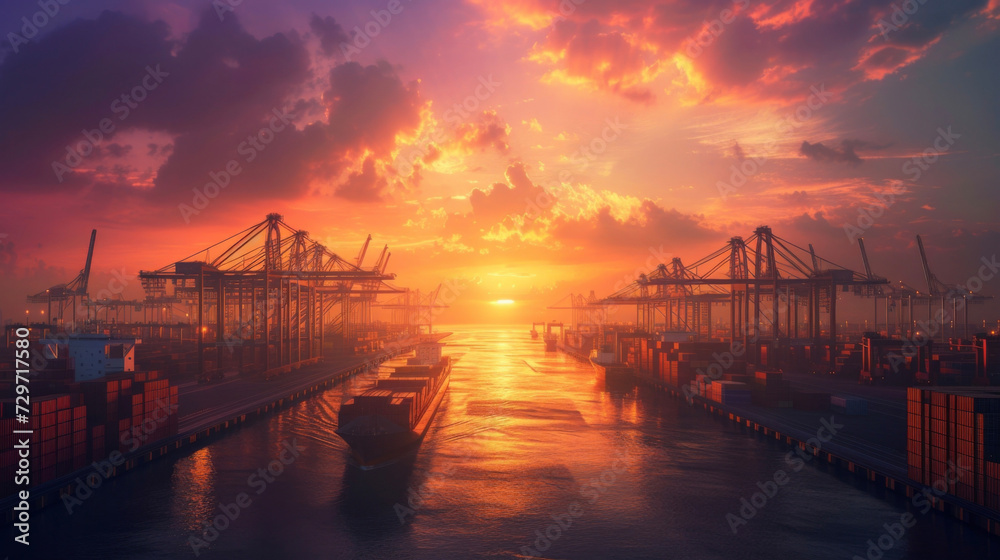 A view of a vast port at dusk with the silhouettes of container ships and cranes against a beautiful orange and purple sky. This image showcases the global nature of container