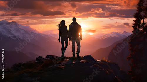 silhouette of a romantic couple in the mountains, family relationships and friendship between a man and a woman © photosaint