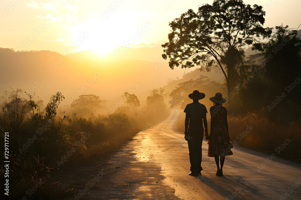 silhouette of a romantic couple walking in nature. family relationships and friendship between a man and a woman