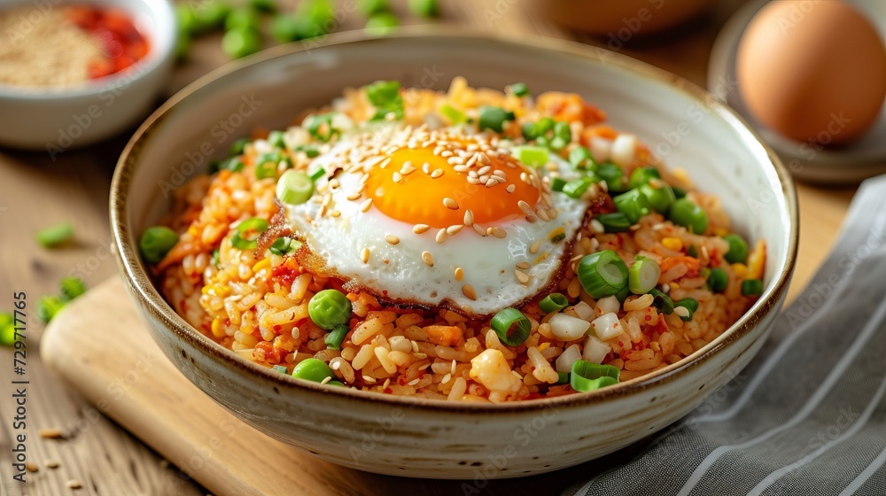 Korean Kimchi Fried Rice Also known as kimjib geumbap, it is served on a plate with smoke rising gently. Reminiscent of the aroma of freshly prepared deliciousness.