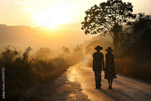 silhouette of a romantic couple walking in nature. family relationships and friendship between a man and a woman