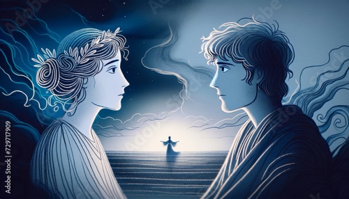 A whimsical, animated art style image capturing a simple drawing of the moment Orpheus and Eurydice look at each other for the last time. photo