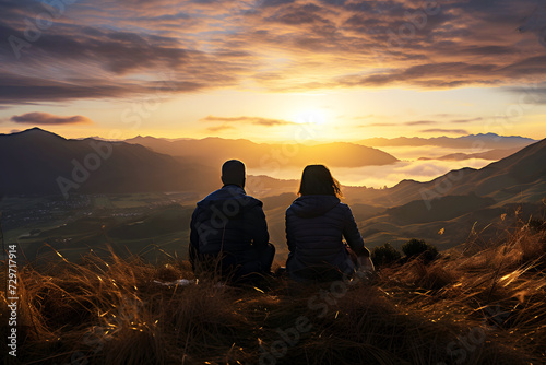 silhouette of a romantic couple sitting in nature and watching the sunset