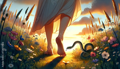 A whimsical, animated art style image capturing the moment Eurydice's feet as she steps backward into a snake that's about to bite her. photo