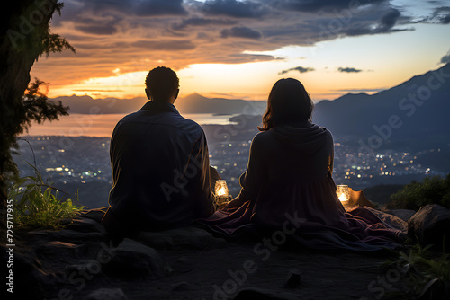 silhouette of a romantic couple sitting in nature and watching the sunset