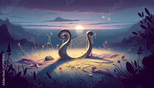 A whimsical, animated art style image of Orpheus's lyre lying on the ground, strings broken, symbolizing his loss. photo
