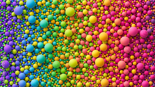 Many rainbow gradient random bright soft balls background. Colorful balls background for kids zone or children's playroom. Top view of huge pile of colorful balls in different sizes. Vector background