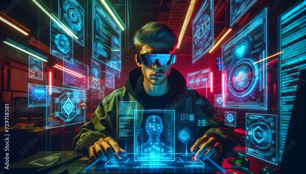 A cyberpunk hacker working on holographic interfaces in a neon-lit room. A cyberpunk hacker working on holographic interfaces in a neon-lit room.