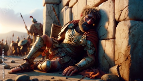Illustrate in a whimsical animated art style a weary Menelaus resting against a stone wall, his armor dented and dusty from battle.
