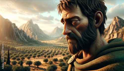 Visualize in a whimsical animated art style a close-up of a pensive Menelaus with the Spartan landscape in the background. photo
