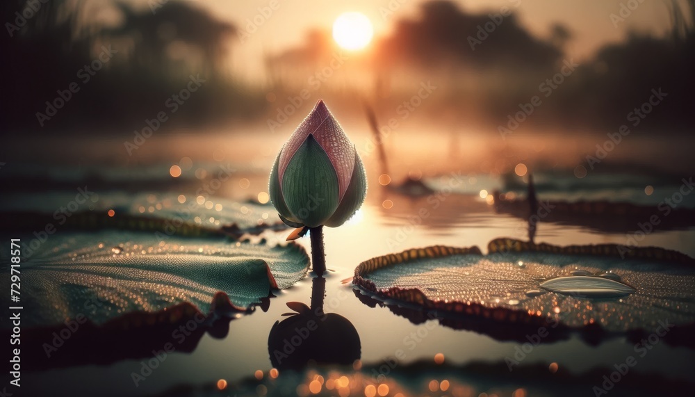 A close-up of a lotus bud about to bloom at dawn in a whimsical animated style. - obrazy, fototapety, plakaty 