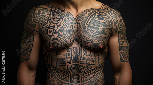 Traditional Maori tattoos on a man's shoulder and chest