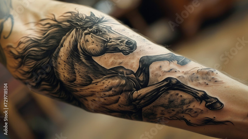 A sporting horse tattooed on a man's forearm