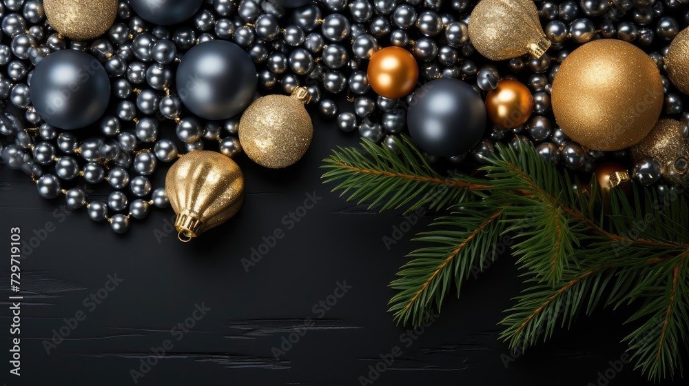 Top view of Christmas decorations with light bulb ornaments and plants Top view of Christmas decorations with light bulb ornaments and plants