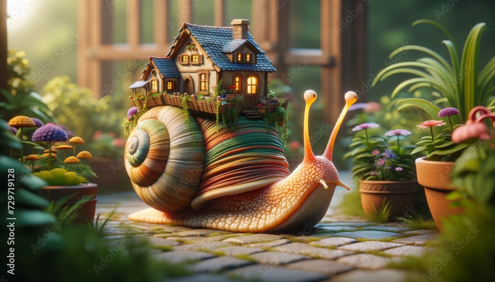 A whimsical animated snail with a tiny house on its back, resembling a mobile home. - obrazy, fototapety, plakaty 