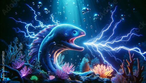 A whimsical animated electric eel generating lightning in a deep, dark underwater scene. photo