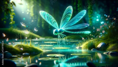 A whimsical animated glowing turquoise dragonfly hovering over a mystical pond. © FantasyLand86