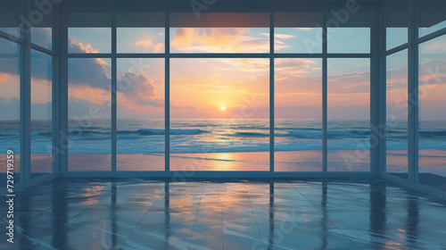The peaceful tranquility of an ocean view is amplified by the rippling reflections on the gl windows as the waves crash against the shore and the sun slowly sinks below the