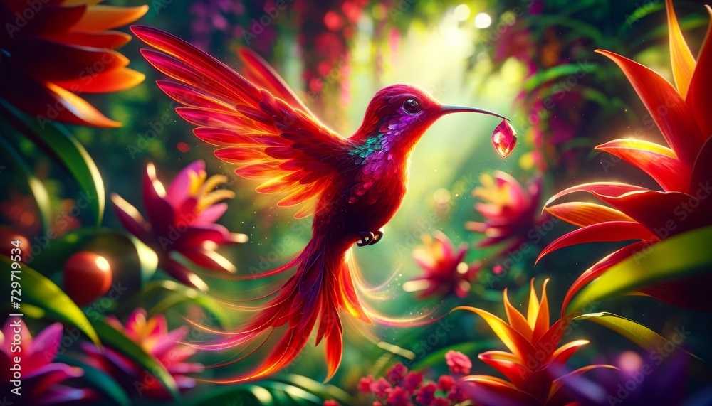 A whimsical animated ruby-red hummingbird with wings that blur like flames, hovering in a tropical garden. A whimsical animated ruby-red hummingbird with wings that blur like flames, hovering in a tropical garden.