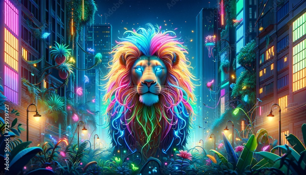 A whimsical, animated art-style image of a lion with a neon mane set in an urban jungle.