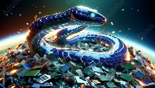 A whimsical, animated art-style image of a snake with a skin of solar panels slithering over a tech waste landscape. photo