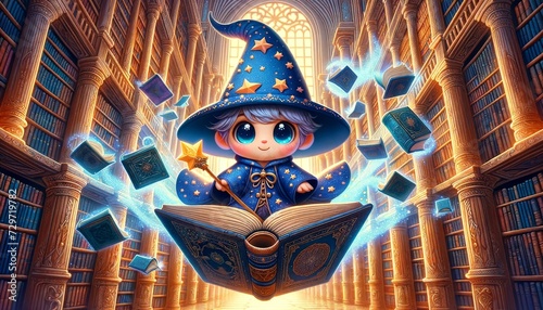 A tiny wizard with twinkling, wise eyes, wearing a starry blue robe and a pointed hat, sits astride a flying book with pages fluttering.