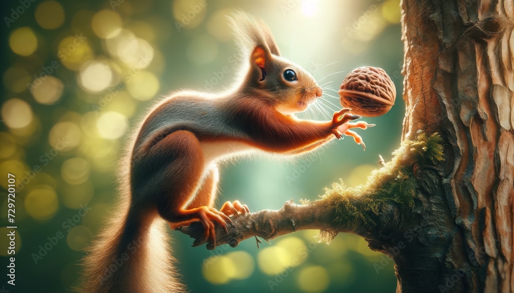 A photo-realistic image of a squirrel reaching for a nut on a small tree branch, captured in a medium shot. A photo-realistic image of a squirrel reaching for a nut on a small tree branch, captured in a medium shot.