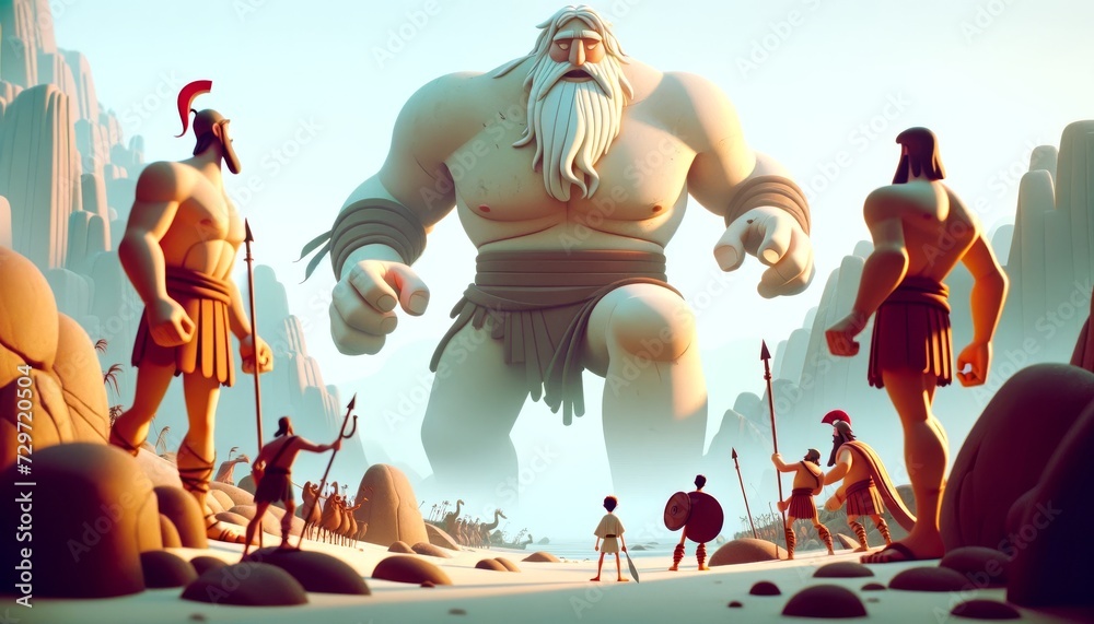 Animated-style depiction of Odysseus and the Giant Laestrygonians