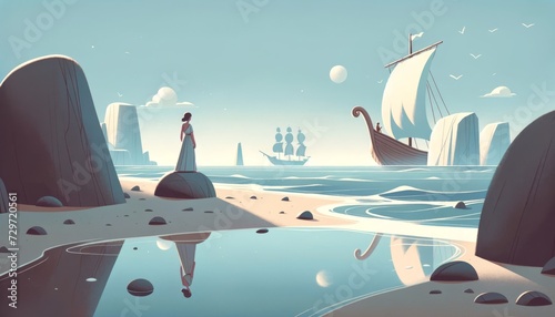 A whimsical, animated art style depiction of the poignant moment of Ariadne left alone on Naxos as Theseus sails away.